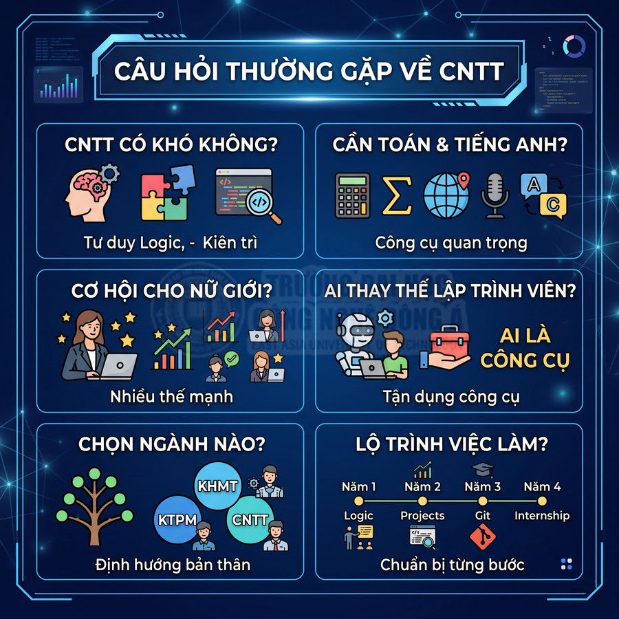Infographic giải đáp câu hỏi thường gặp về ngành công nghệ thông tin và lộ trình học tập, việc làm cho sinh viên