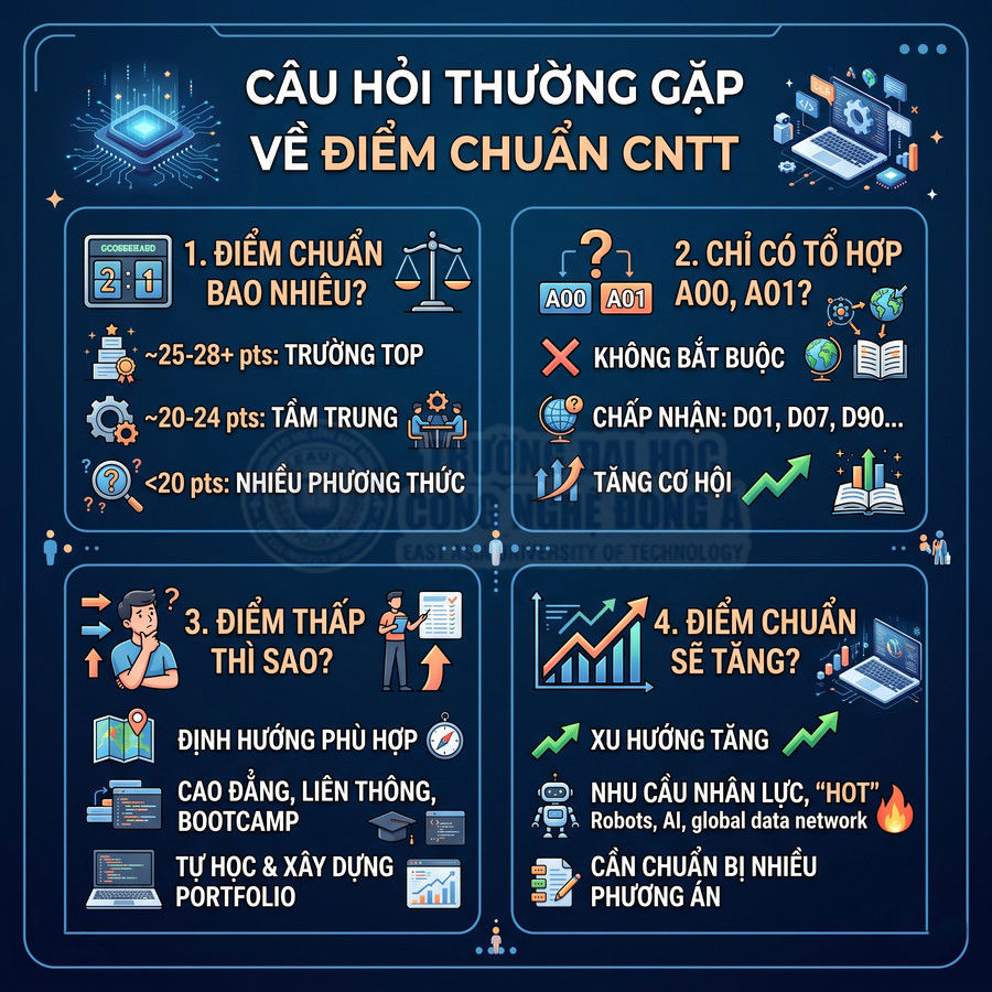 Infographic giải đáp câu hỏi thường gặp về điểm chuẩn ngành công nghệ thông tin, xu hướng tăng và định hướng học tập