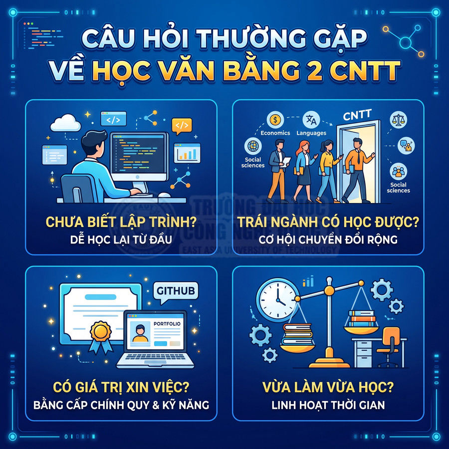 Banner giới thiệu học văn bằng 2 CNTT, giải đáp thắc mắc về lập trình, trái ngành, giá trị bằng cấp và thời gian học linh hoạt