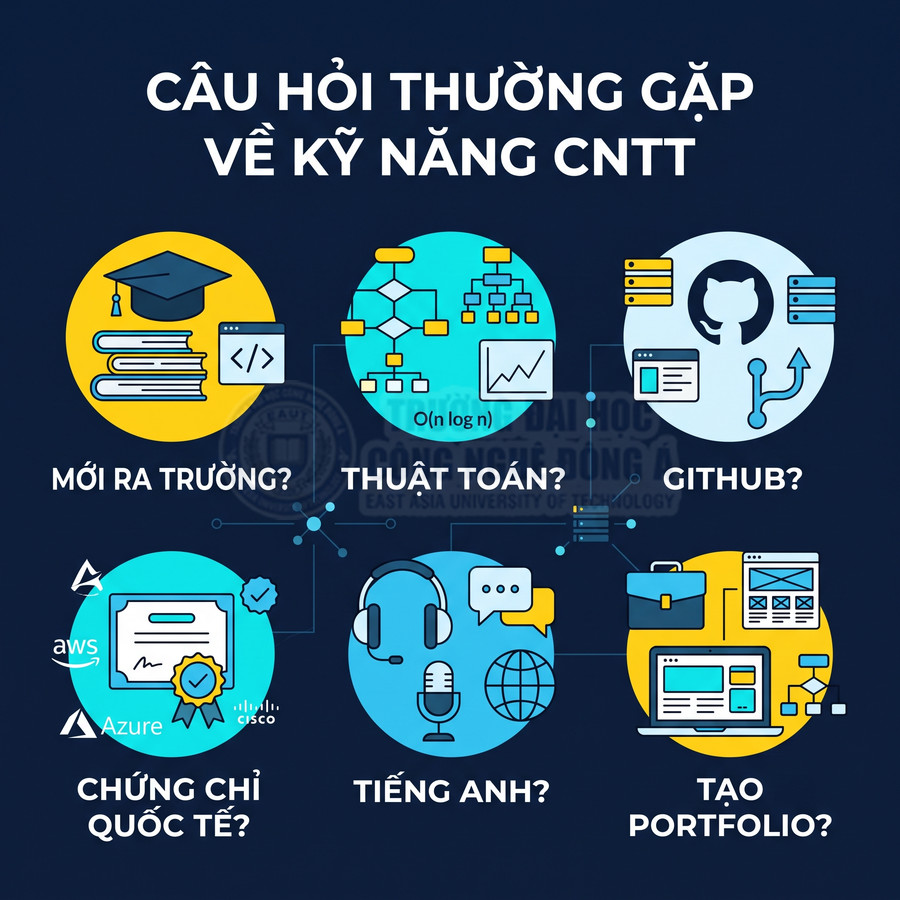 Infographic câu hỏi thường gặp về kỹ năng CNTT như thuật toán, GitHub, chứng chỉ quốc tế, tiếng Anh, tạo portfolio
