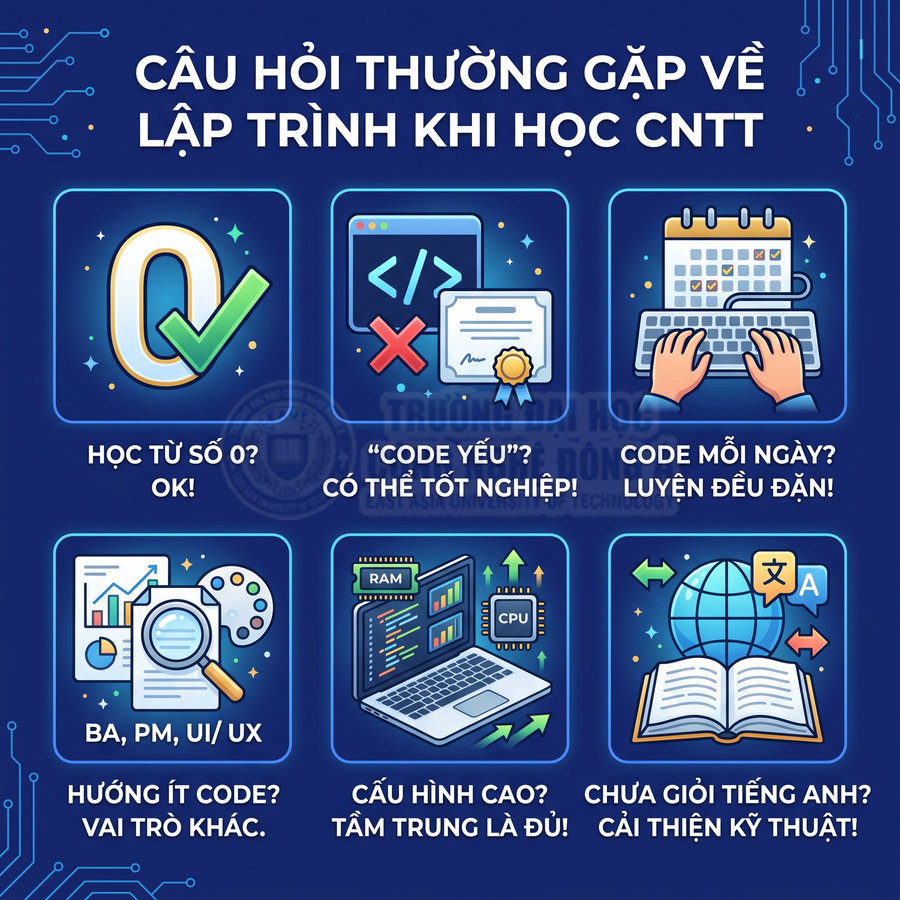 Infographic câu hỏi thường gặp về học lập trình CNTT cho người mới bắt đầu và định hướng nghề nghiệp