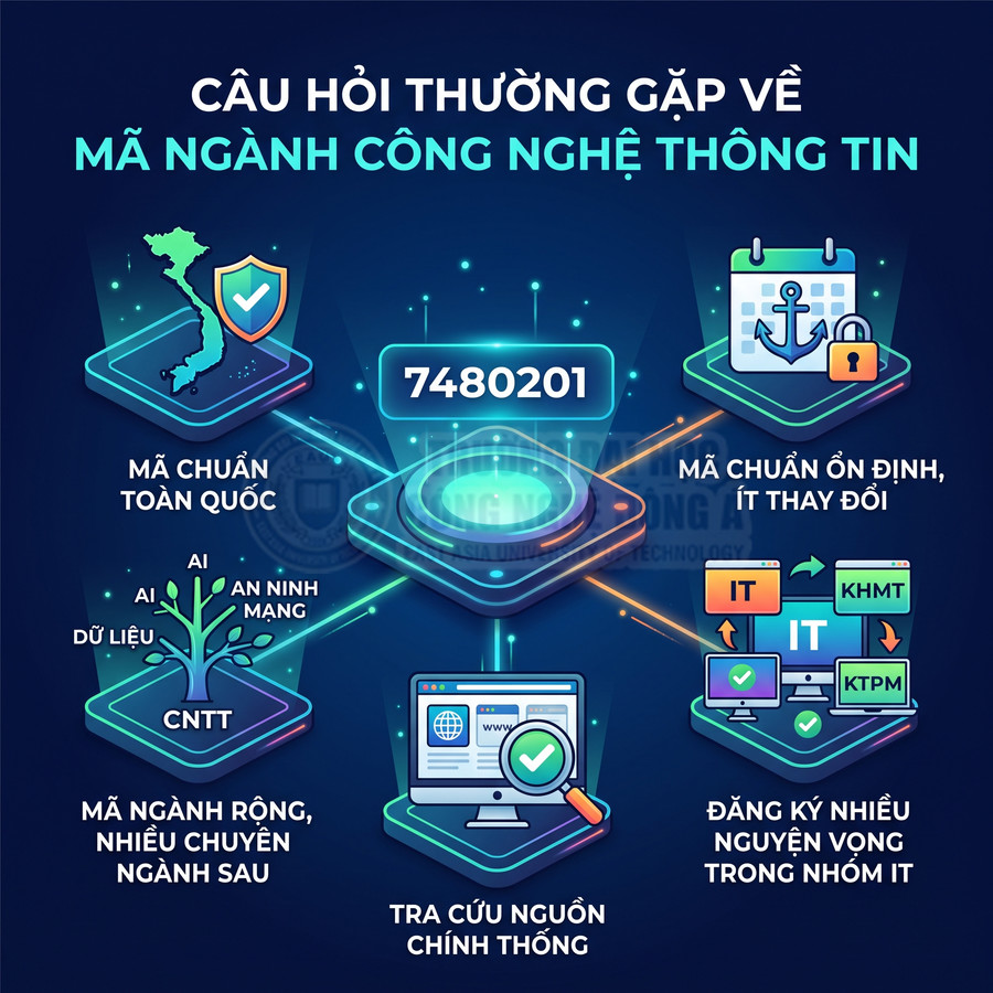 Infographic giải thích mã ngành Công nghệ thông tin 7480201, ưu điểm mã chuẩn toàn quốc và đăng ký nhiều nguyện vọng IT