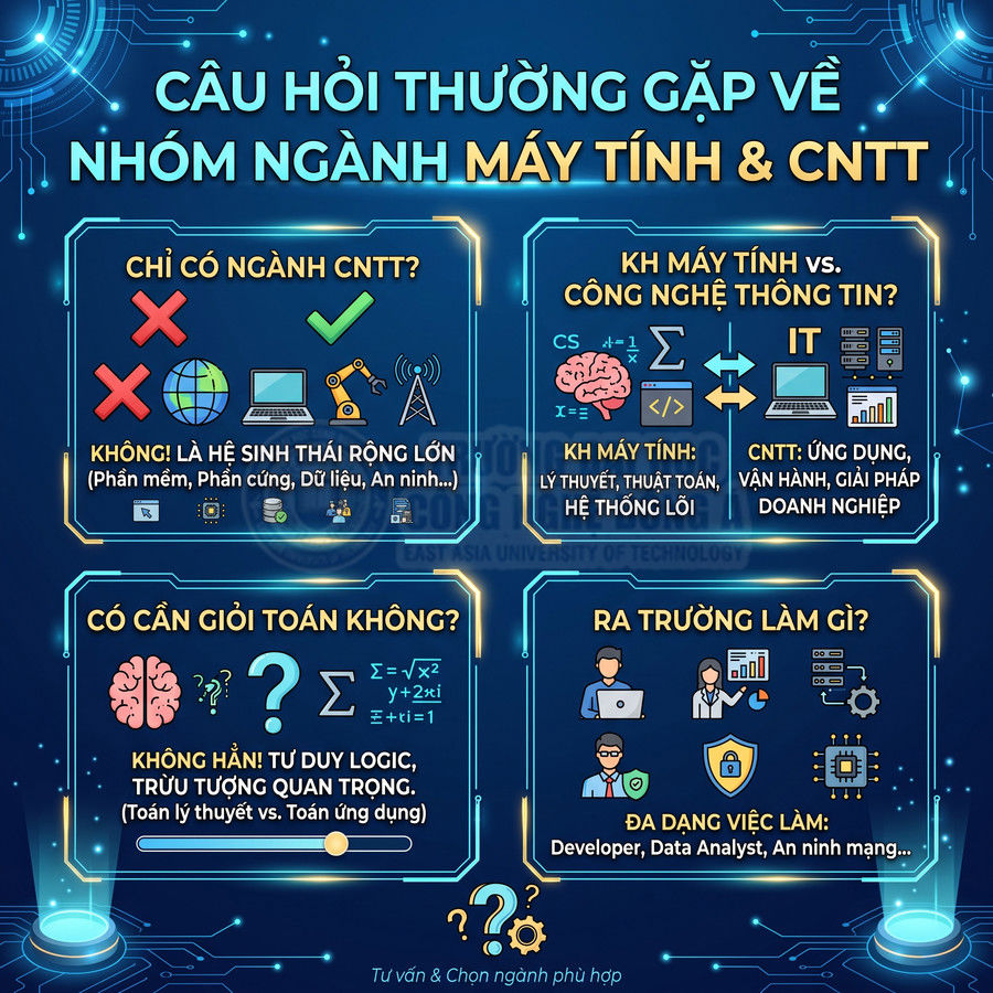 Infographic giải đáp câu hỏi thường gặp về nhóm ngành máy tính và công nghệ thông tin, cơ hội nghề nghiệp sau khi ra trường