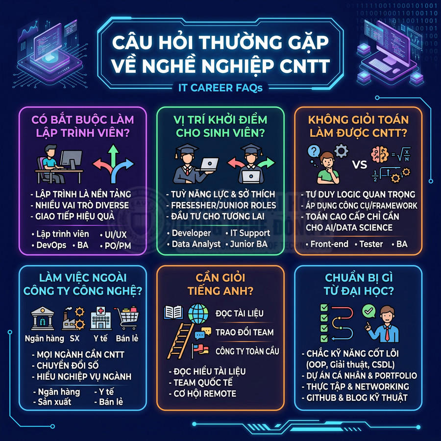 Infographic câu hỏi thường gặp về nghề nghiệp CNTT, giới thiệu vị trí, kỹ năng và định hướng cho sinh viên IT