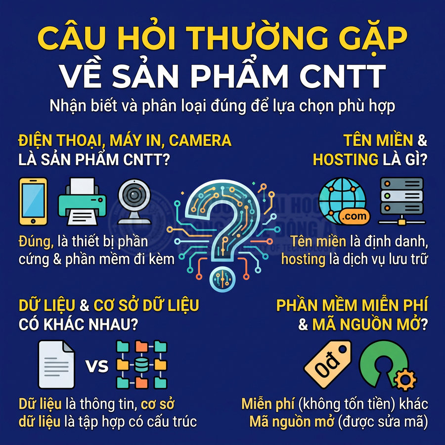 Infographic câu hỏi thường gặp về sản phẩm công nghệ thông tin, gồm điện thoại, máy in, tên miền, hosting, dữ liệu và phần mềm mã nguồn mở