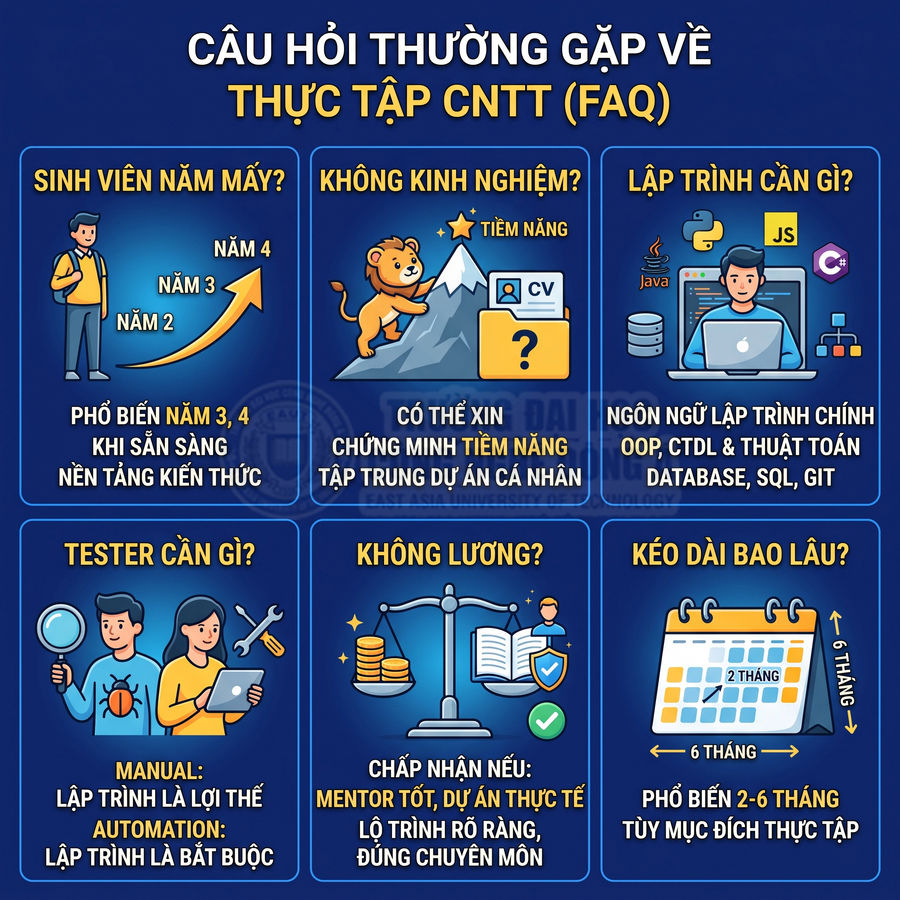 Infographic câu hỏi thường gặp về thực tập CNTT cho sinh viên, yêu cầu kỹ năng lập trình và tester, thời gian và lương