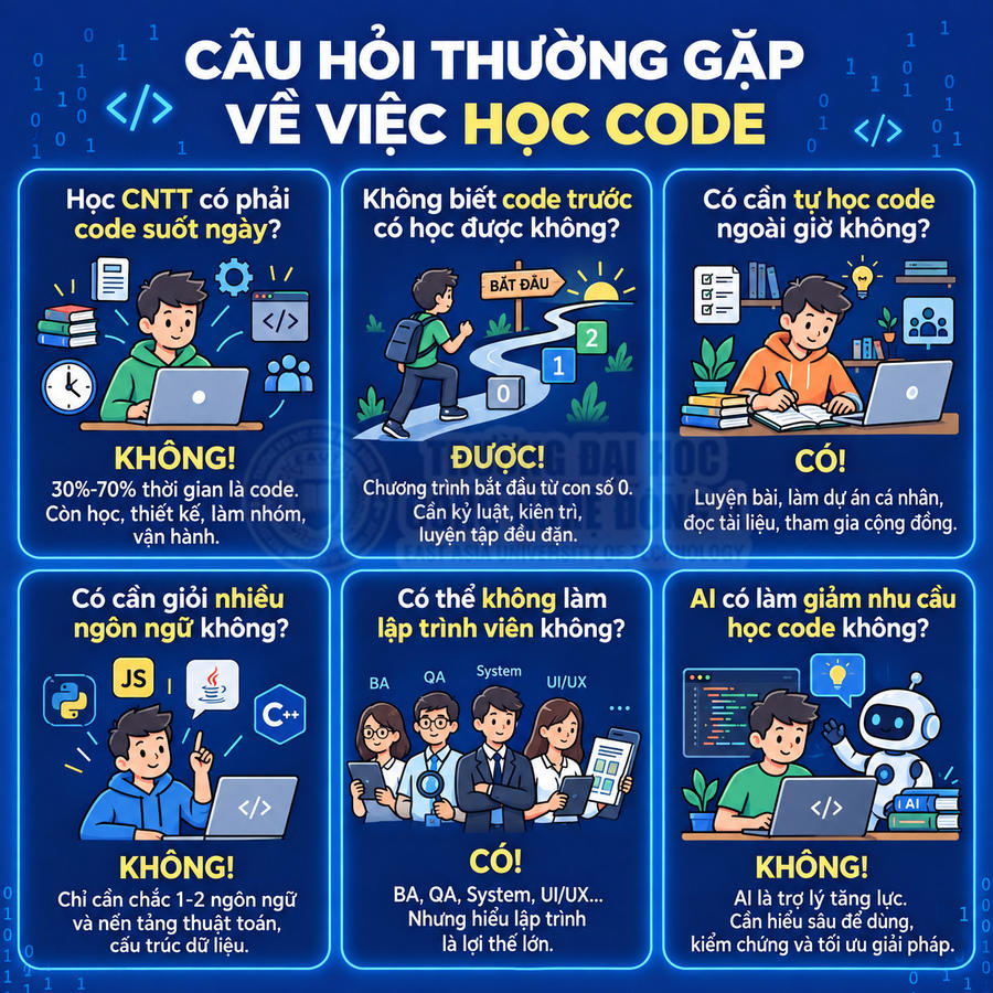 Infographic giải đáp các câu hỏi thường gặp về việc học code và định hướng nghề nghiệp lập trình