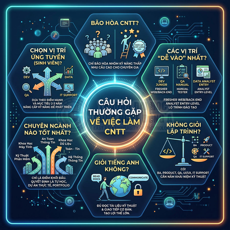 Infographic tiếng Việt về các câu hỏi thường gặp và định hướng nghề nghiệp trong ngành công nghệ thông tin