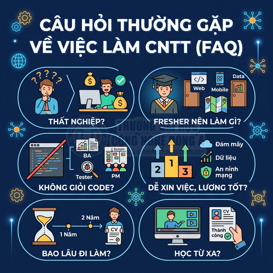 Infographic câu hỏi thường gặp về việc làm ngành CNTT cho sinh viên và fresher Việt Nam