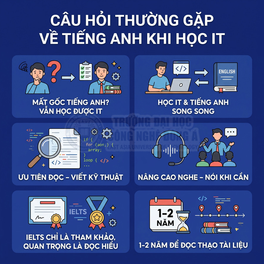 Infographic câu hỏi thường gặp về học tiếng Anh khi học IT và lộ trình kỹ năng đọc viết nghe nói