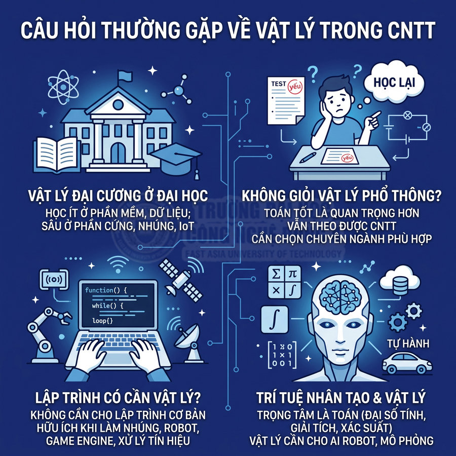 Infographic câu hỏi thường gặp về vai trò của môn vật lý trong ngành công nghệ thông tin