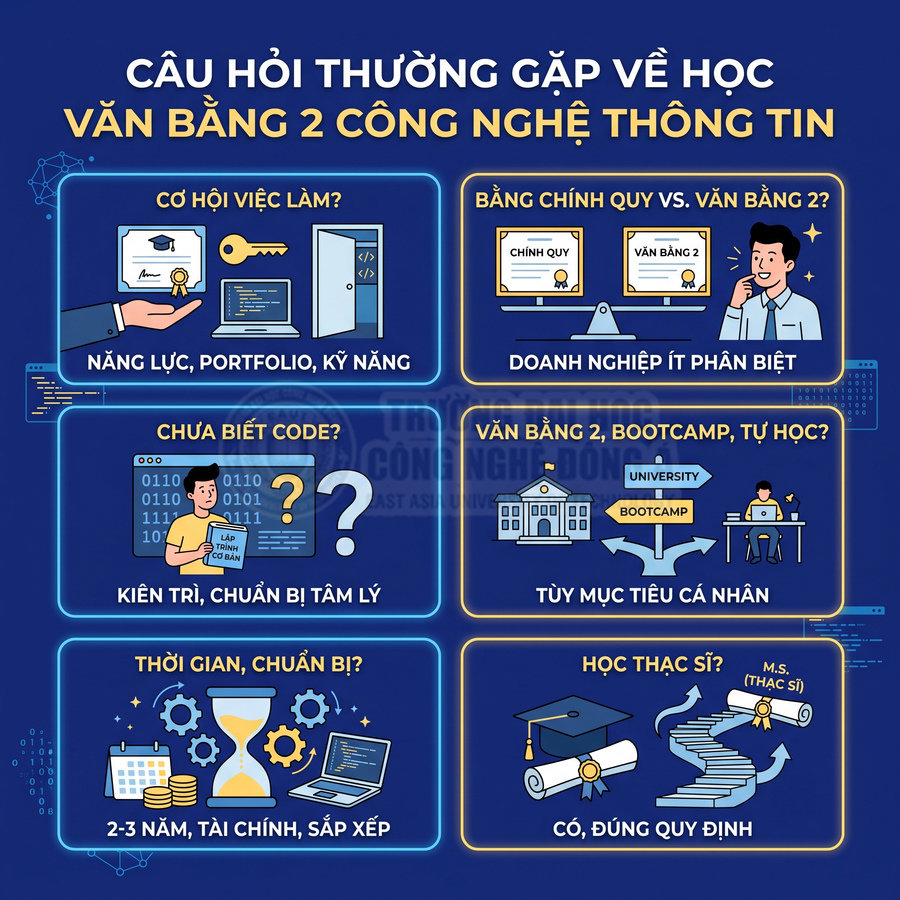 Infographic câu hỏi thường gặp khi học văn bằng 2 công nghệ thông tin và cơ hội việc làm, thời gian, học thạc sĩ