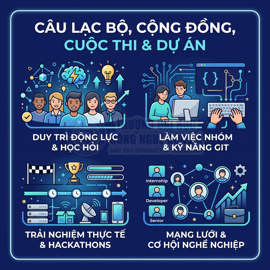 Poster câu lạc bộ công nghệ thông tin, nhấn mạnh học hỏi, làm việc nhóm, hackathon và cơ hội nghề nghiệp