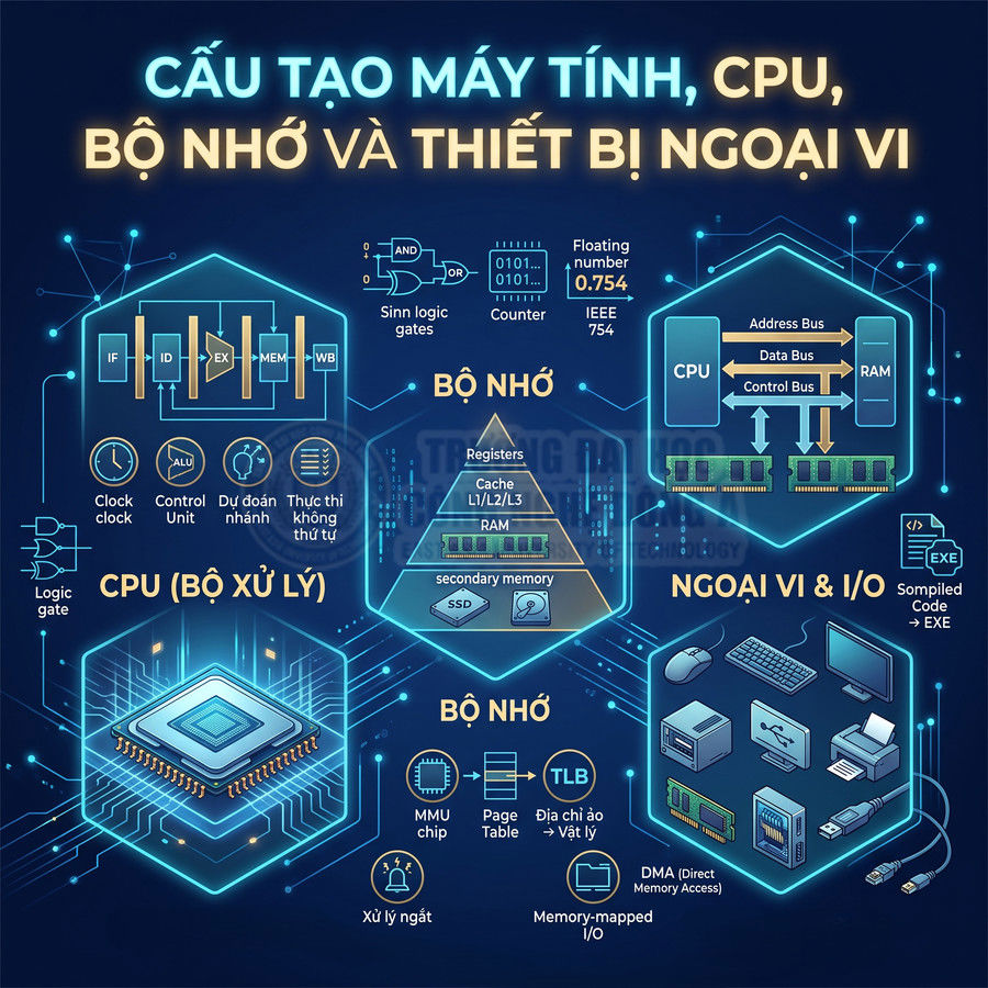 Sơ đồ cấu tạo máy tính với CPU, bộ nhớ RAM, SSD và các thiết bị ngoại vi như màn hình, bàn phím, chuột