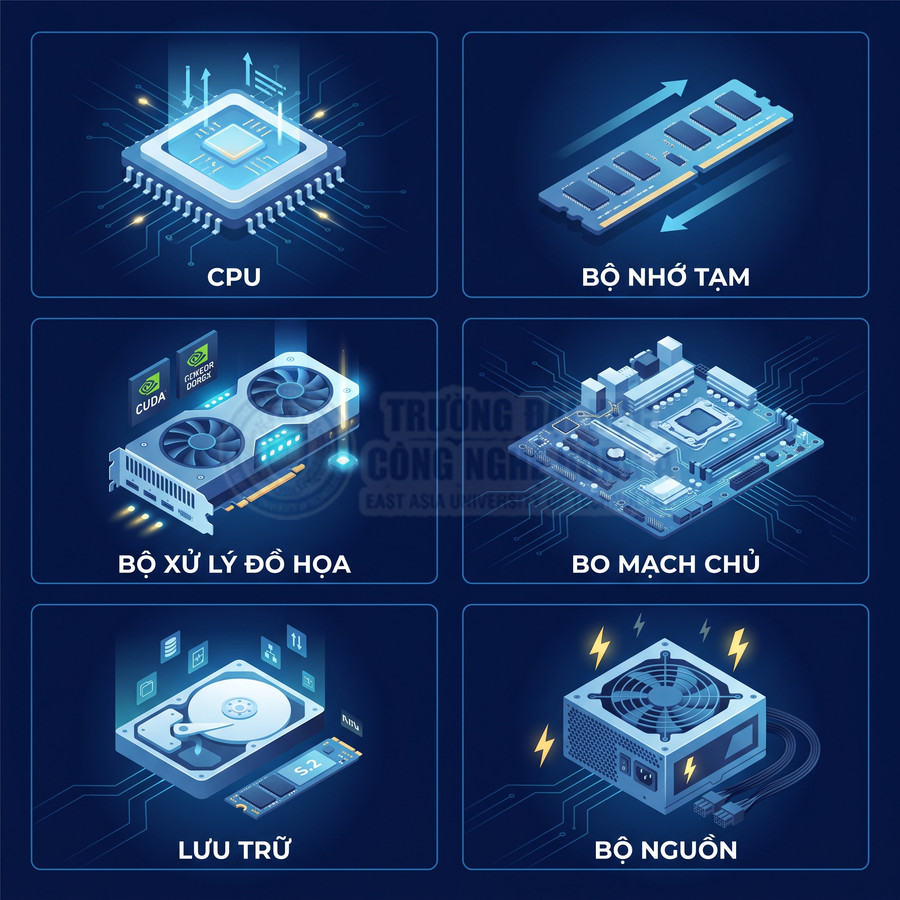 Minh họa các linh kiện phần cứng máy tính gồm CPU, RAM, card đồ họa, bo mạch chủ, ổ lưu trữ và bộ nguồn
