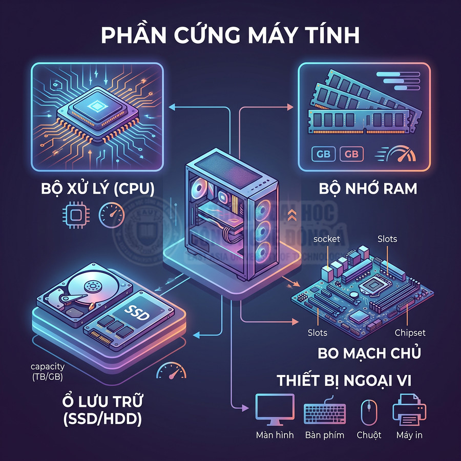 Minh họa các bộ phận phần cứng máy tính gồm CPU, RAM, ổ SSD HDD, bo mạch chủ và thiết bị ngoại vi