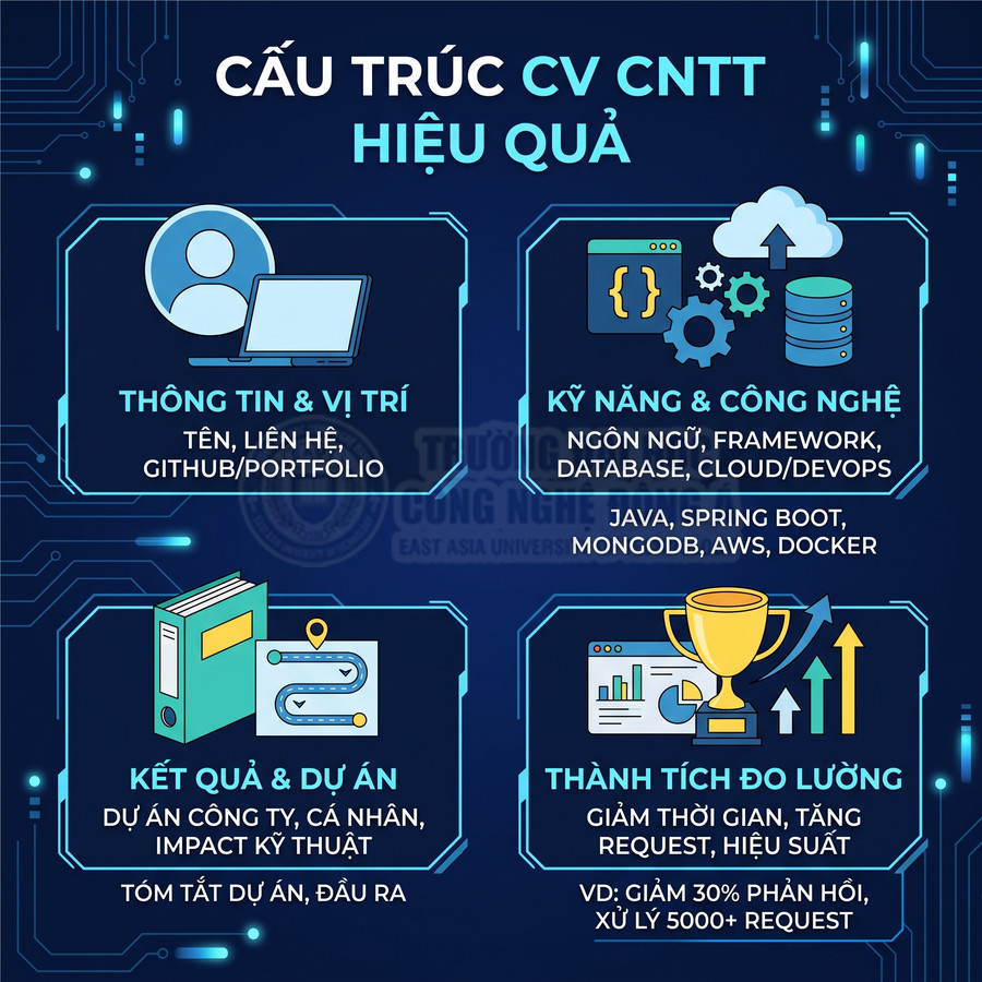Hướng dẫn cấu trúc CV ngành CNTT hiệu quả với thông tin cá nhân, kỹ năng công nghệ, dự án và thành tích đo lường