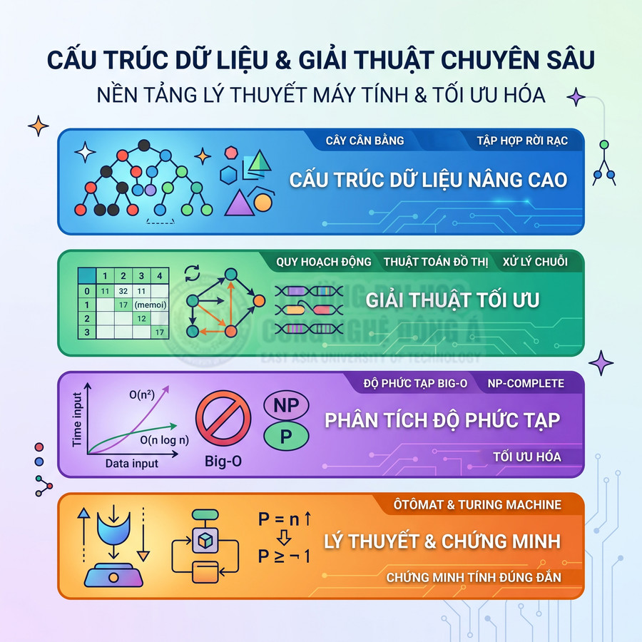 Poster khóa học cấu trúc dữ liệu và giải thuật chuyên sâu với các chủ đề tối ưu hóa, phân tích độ phức tạp và lý thuyết chứng minh