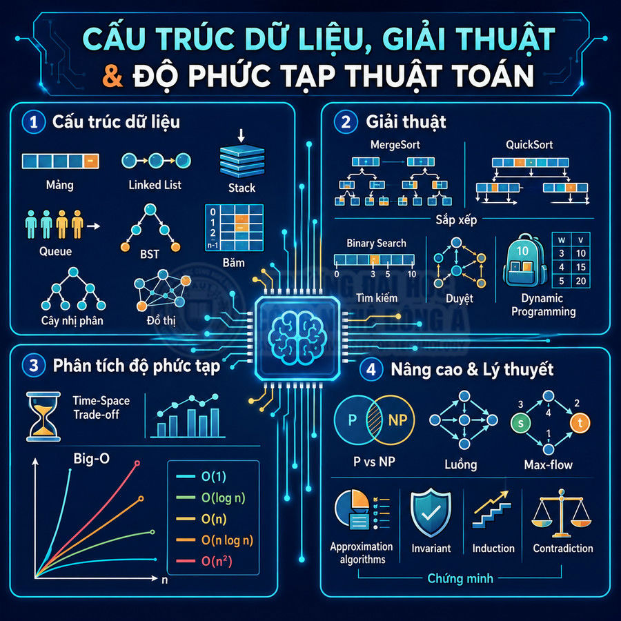Infographic cấu trúc dữ liệu, giải thuật và độ phức tạp thuật toán với các ví dụ minh họa trực quan