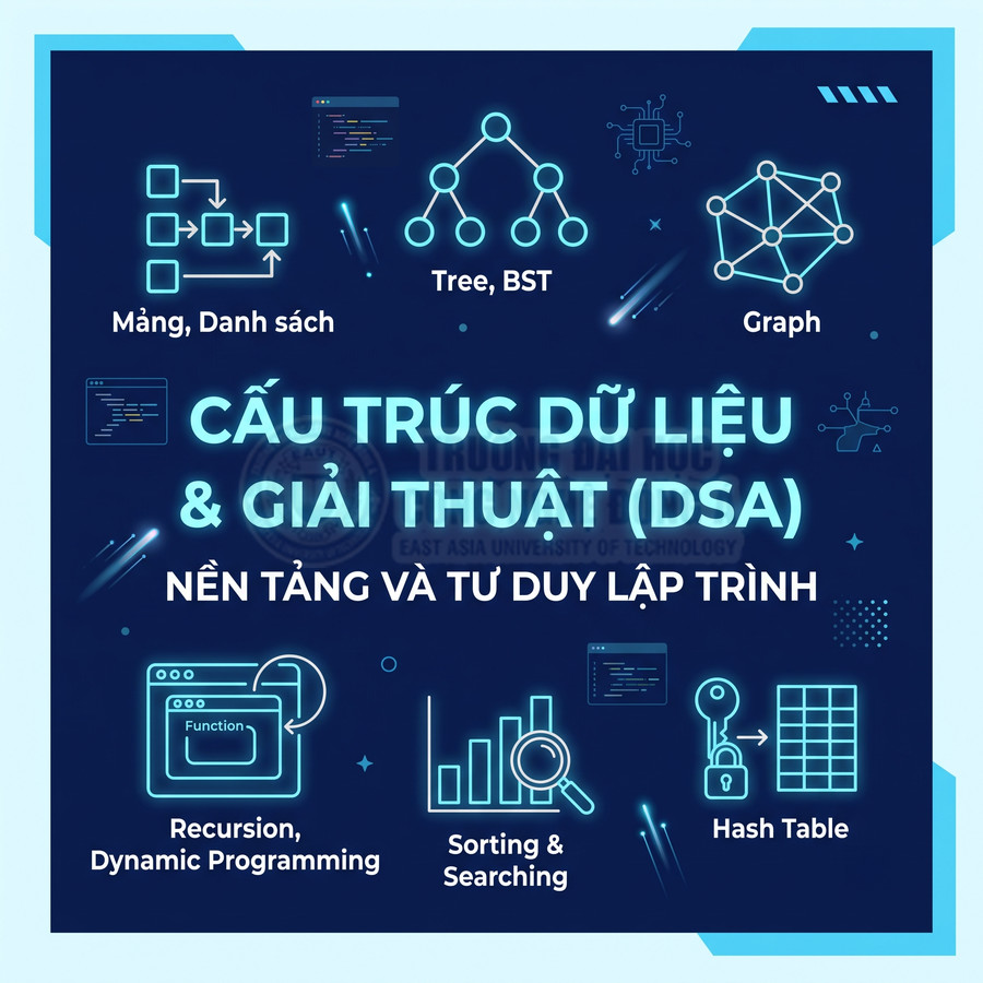 Poster khóa học cấu trúc dữ liệu và giải thuật DSA với minh họa mảng, cây, đồ thị, đệ quy, sắp xếp và bảng băm