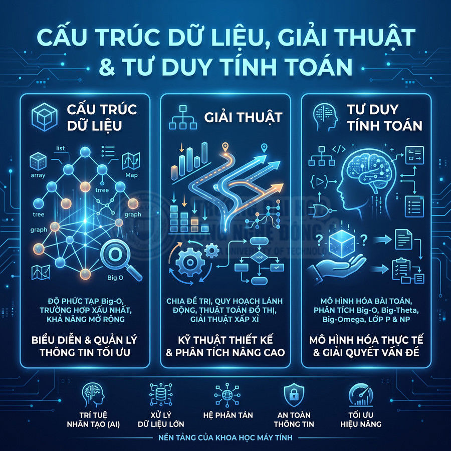 Minh họa cấu trúc dữ liệu, giải thuật và tư duy tính toán trong khoa học máy tính, nền tảng cho AI và xử lý dữ liệu lớn