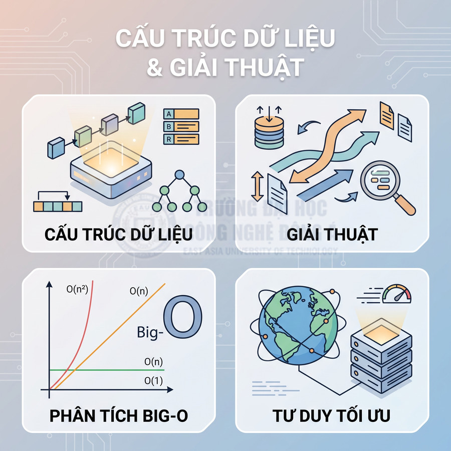 Minh họa khóa học cấu trúc dữ liệu, giải thuật, phân tích Big O và tư duy tối ưu trong lập trình