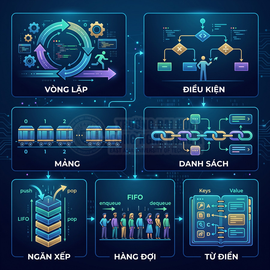 Minh họa trực quan các cấu trúc dữ liệu và thuật toán cơ bản như vòng lặp, điều kiện, mảng, danh sách, ngăn xếp, hàng đợi, từ điển