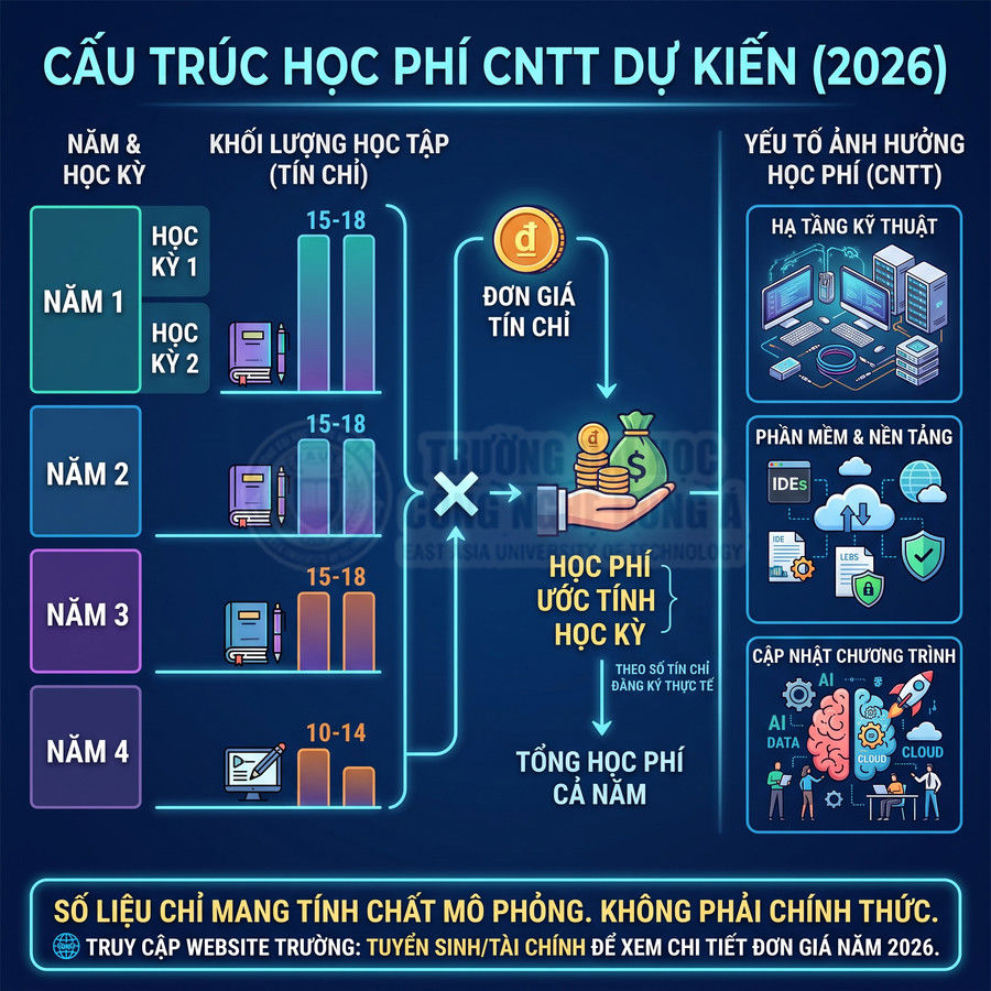 Infographic cấu trúc học phí ngành Công nghệ thông tin dự kiến năm 2026 theo tín chỉ và học kỳ