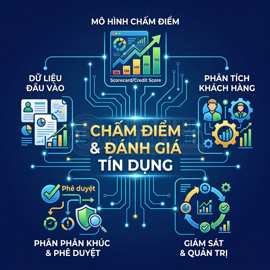 Mô hình chấm điểm và đánh giá tín dụng với dữ liệu đầu vào, phân tích khách hàng, phê duyệt và giám sát vay tín dụng