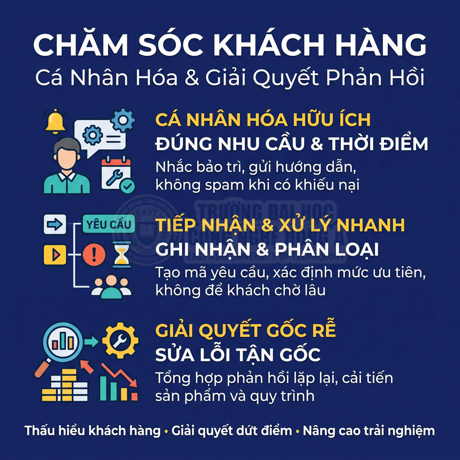Giải pháp chăm sóc khách hàng gồm cá nhân hóa hỗ trợ, xử lý yêu cầu nhanh và giải quyết vấn đề tận gốc.