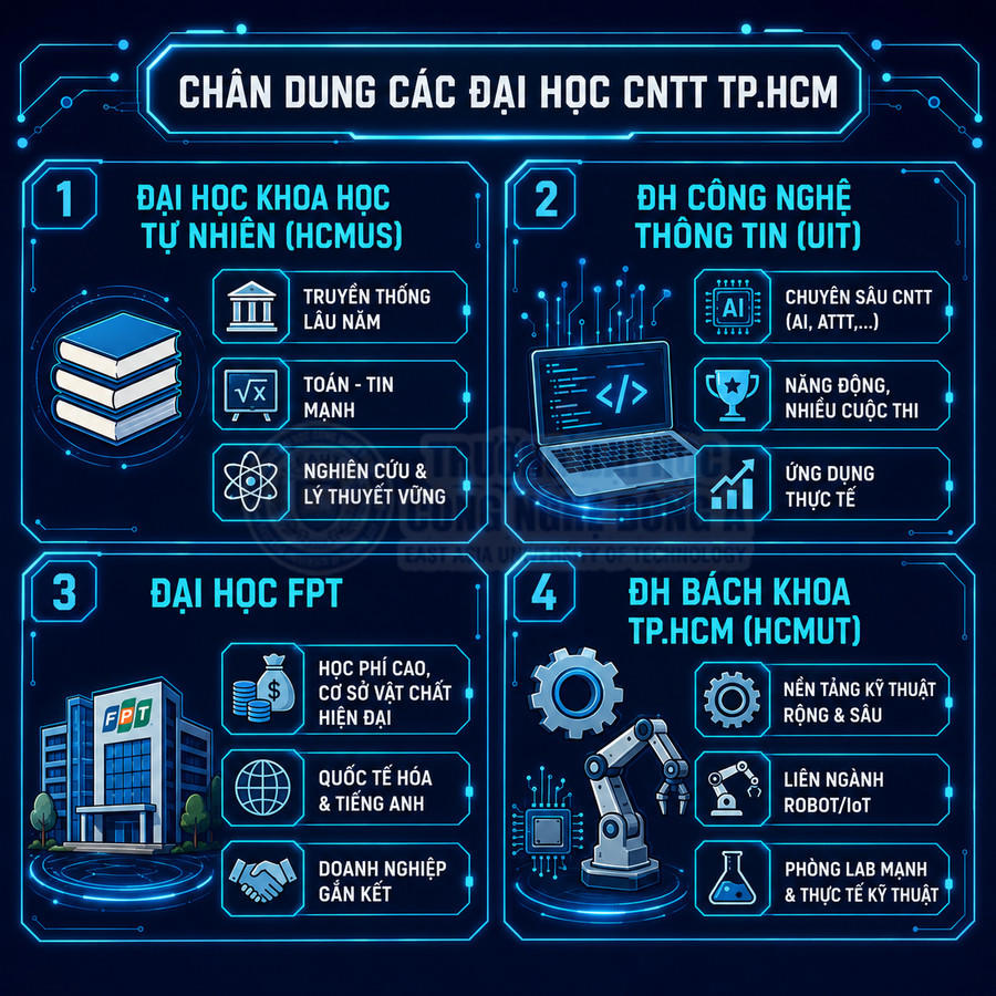 Infographic so sánh các trường đại học CNTT hàng đầu TP HCM gồm HCMUS, UIT, FPT và HCMUT