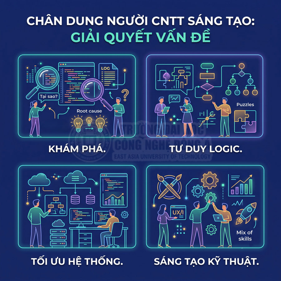 Infographic mô tả chân dung người học công nghệ thông tin sáng tạo với kỹ năng khám phá, tư duy logic, tối ưu hệ thống, sáng tạo kỹ thuật
