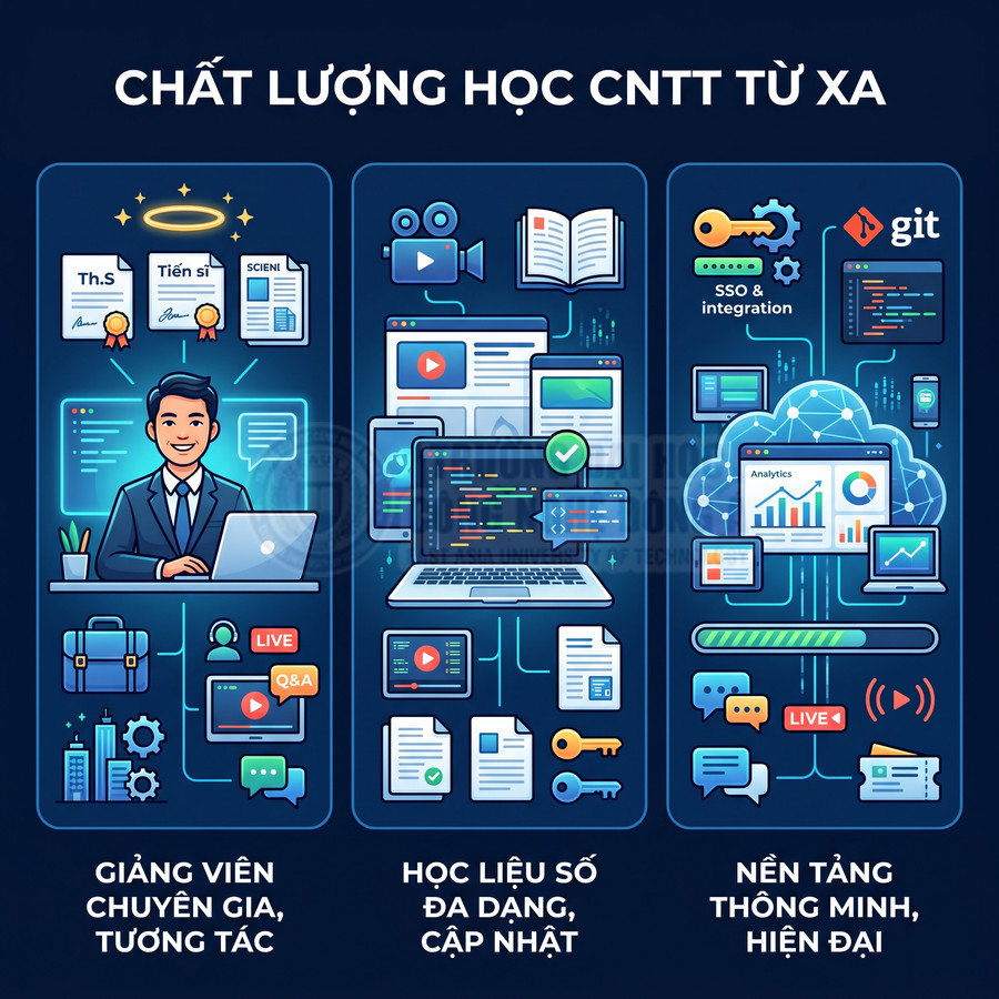 Minh họa khóa học CNTT từ xa với giảng viên chuyên gia, học liệu số đa dạng và nền tảng học trực tuyến hiện đại