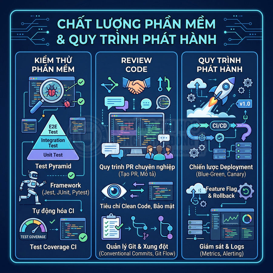 Infographic quy trình kiểm thử phần mềm, review code và phát hành với CI CD, deployment, giám sát logs
