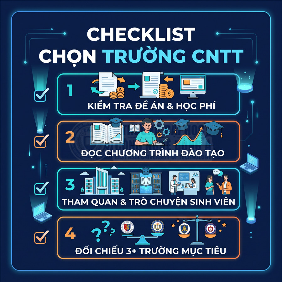Checklist chọn trường CNTT với 4 bước về học phí, chương trình đào tạo, tham quan và so sánh nhiều trường