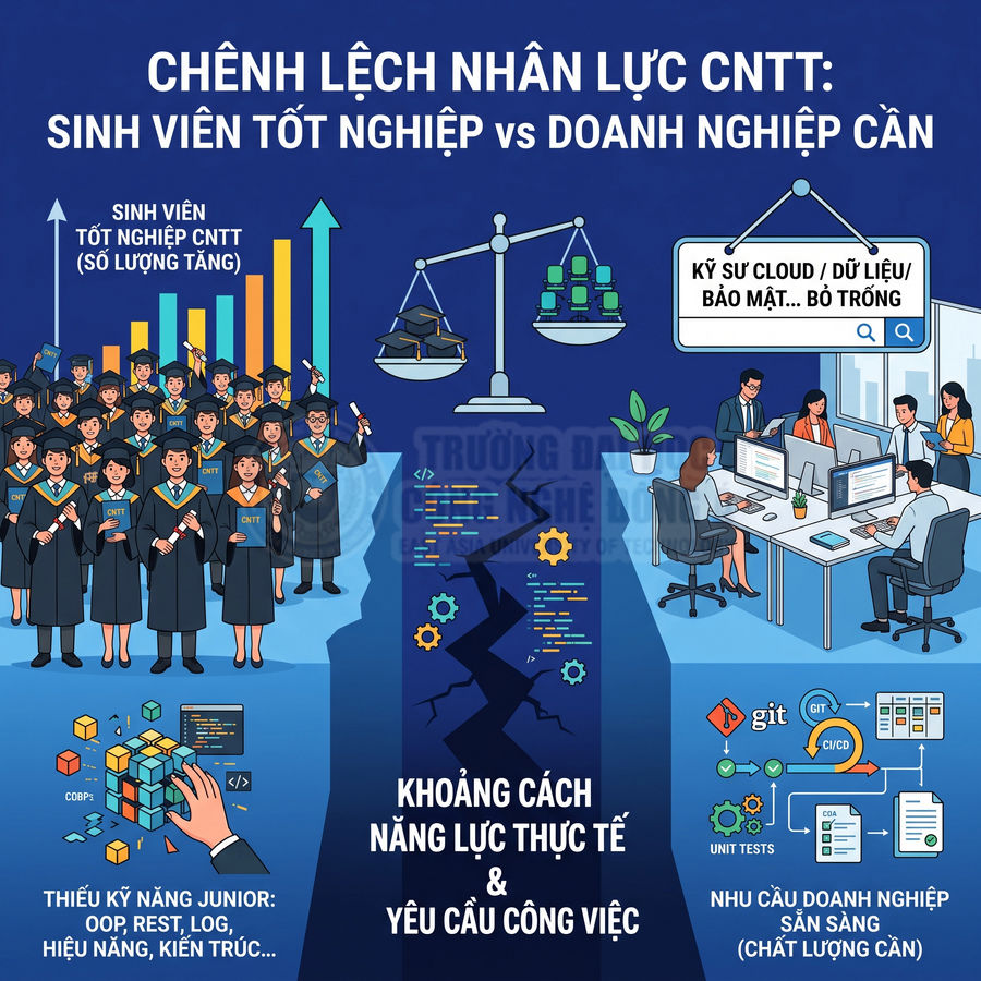 Minh họa chênh lệch kỹ năng sinh viên CNTT tốt nghiệp và nhu cầu tuyển dụng kỹ sư cloud dữ liệu bảo mật của doanh nghiệp