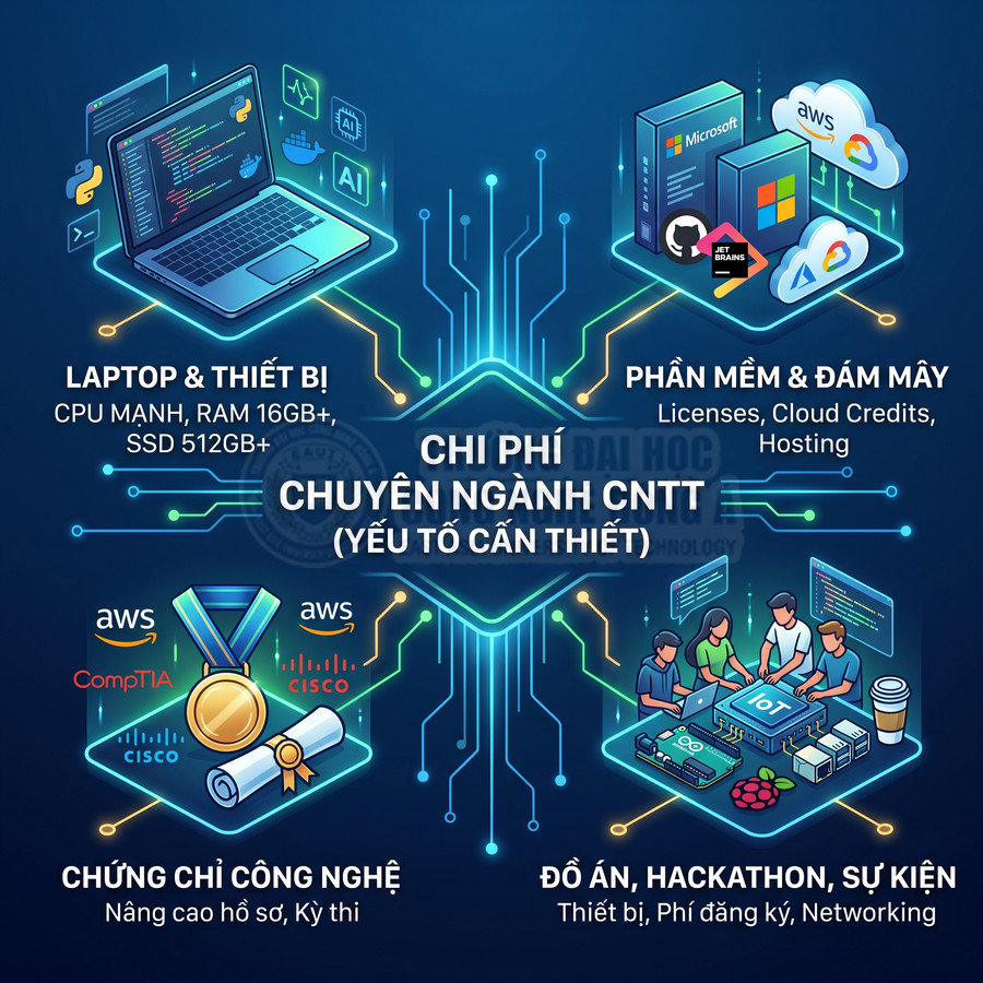 Minh họa chi phí ngành CNTT với laptop lập trình, phần mềm đám mây Microsoft AWS, chứng chỉ công nghệ và dự án hackathon