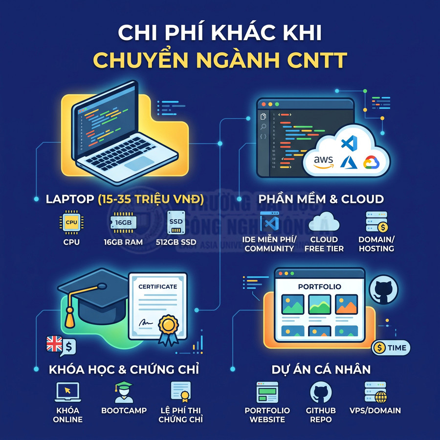 Chi phí cần chuẩn bị khi chuyển ngành CNTT gồm laptop, phần mềm cloud, khóa học chứng chỉ và dự án cá nhân
