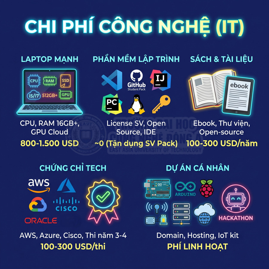 Infographic chi phí công nghệ IT gồm laptop mạnh, phần mềm lập trình, sách tài liệu, chứng chỉ AWS Azure Cisco và dự án cá nhân