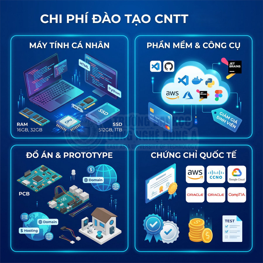 Chi phí đào tạo CNTT với laptop, phần mềm AWS Azure, dự án prototype phần cứng và chứng chỉ quốc tế