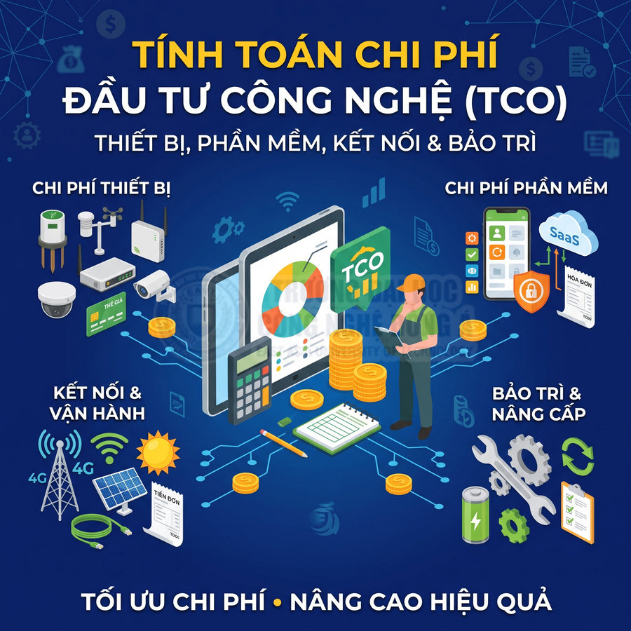Minh họa tính toán tổng chi phí đầu tư công nghệ TCO gồm thiết bị, phần mềm, kết nối và bảo trì