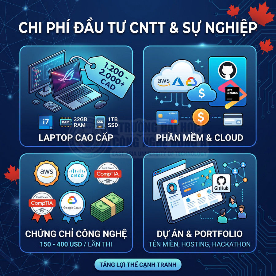 Infographic chi phí đầu tư CNTT gồm laptop cao cấp, phần mềm cloud AWS, chứng chỉ Cisco CompTIA và dự án portfolio GitHub