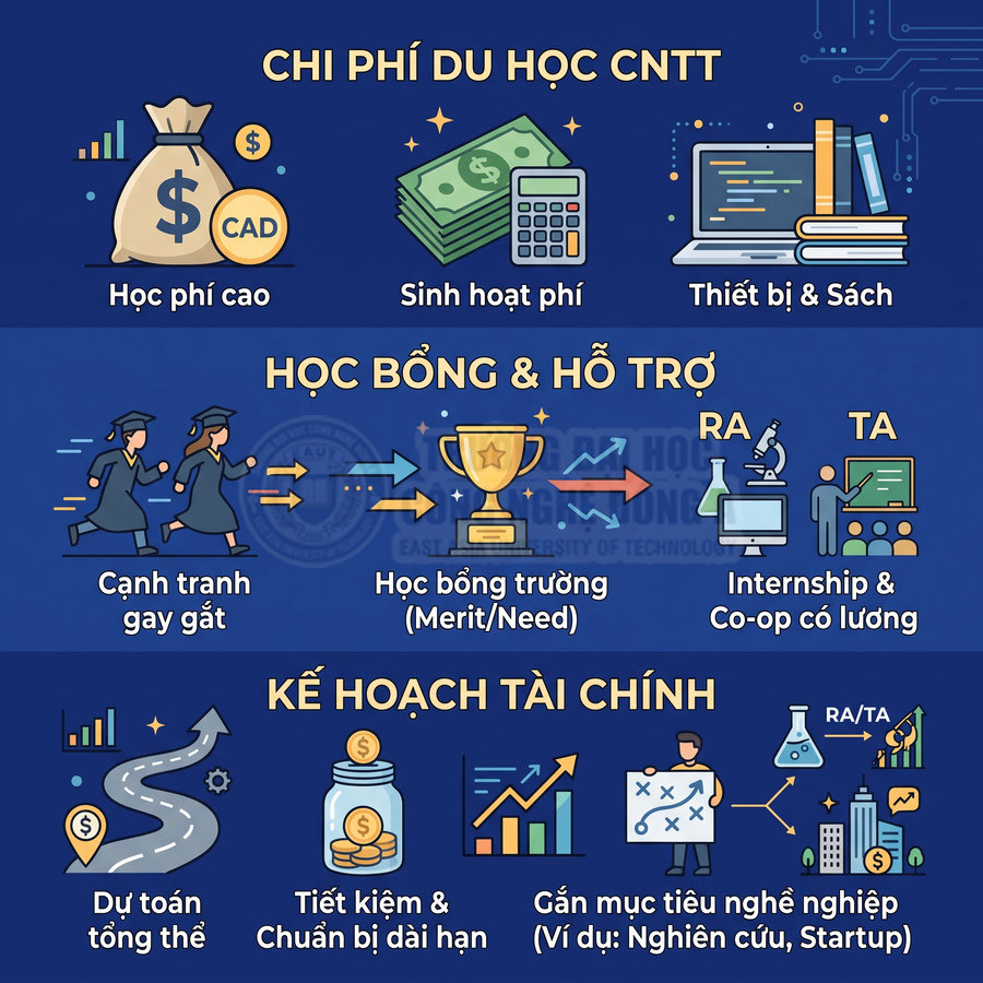 Infographic chi phí du học CNTT, học bổng hỗ trợ và kế hoạch tài chính cho sinh viên quốc tế