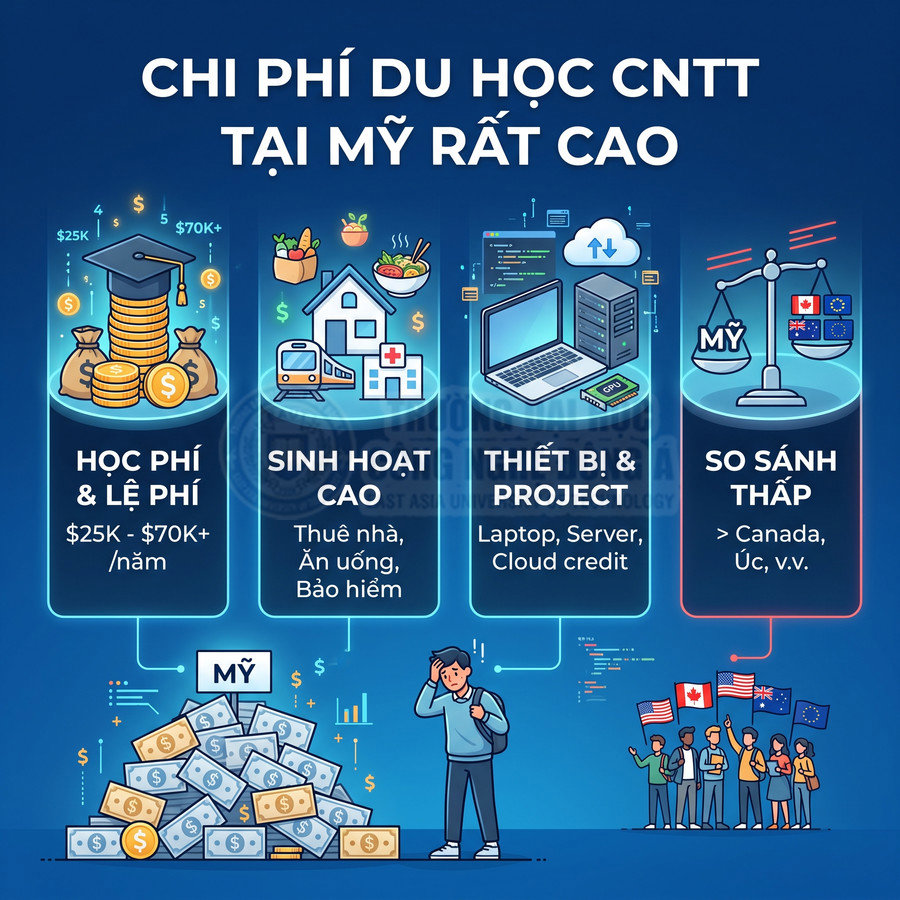 Chi phí du học CNTT tại Mỹ cao với học phí, sinh hoạt, thiết bị học tập và so sánh với các nước khác