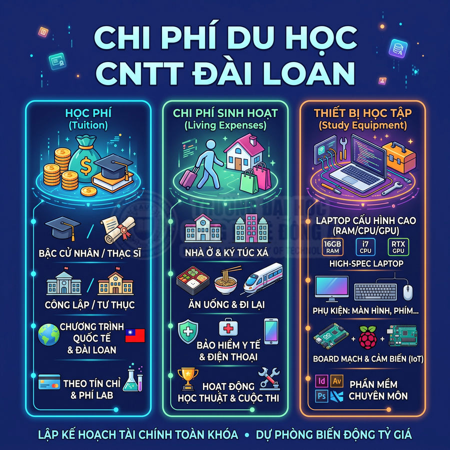 Infographic chi phí du học ngành công nghệ thông tin tại Đài Loan gồm học phí, sinh hoạt và thiết bị học tập