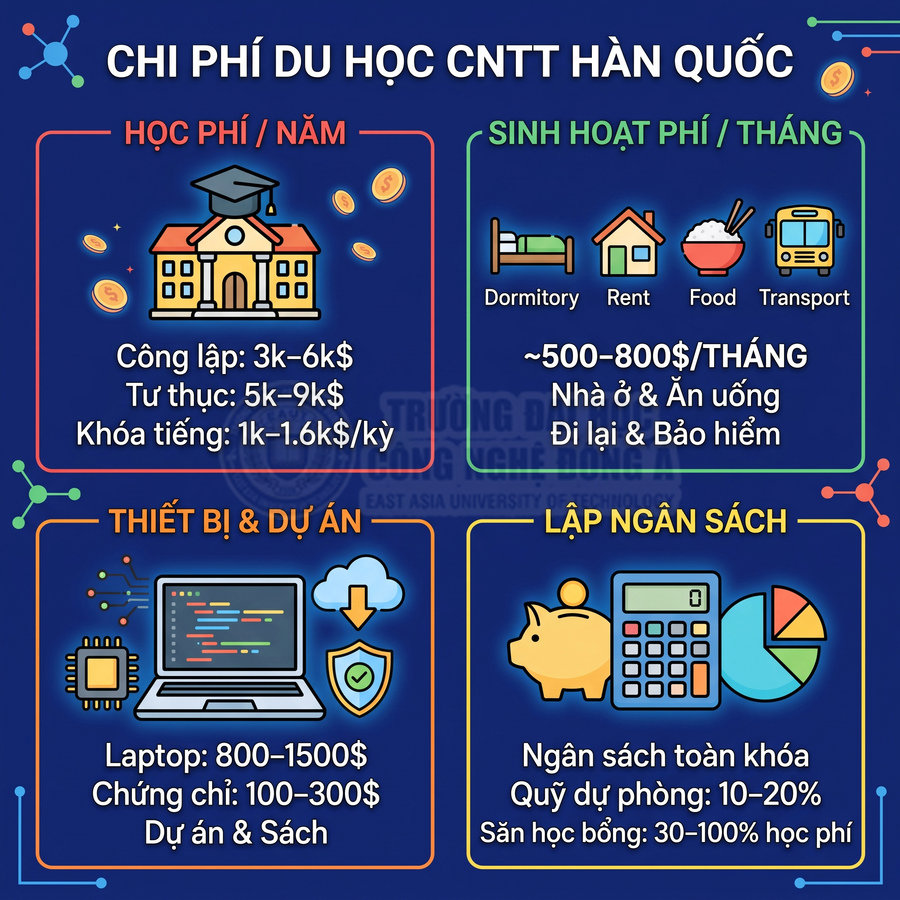 Infographic chi phí du học công nghệ thông tin tại Hàn Quốc gồm học phí sinh hoạt thiết bị và lập ngân sách