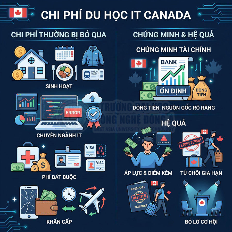 Infographic chi phí du học IT Canada, các khoản sinh hoạt, học phí, khẩn cấp và chứng minh tài chính