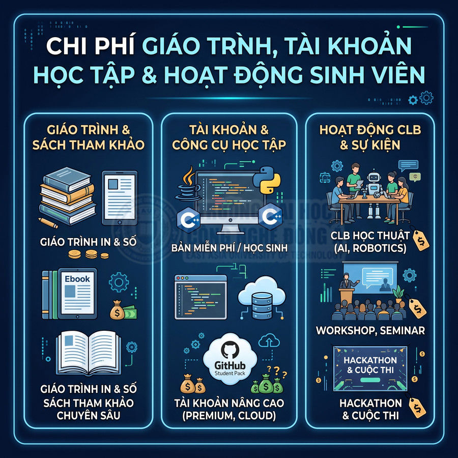 Infographic chi phí giáo trình, tài khoản học tập và hoạt động CLB, workshop, hackathon cho sinh viên