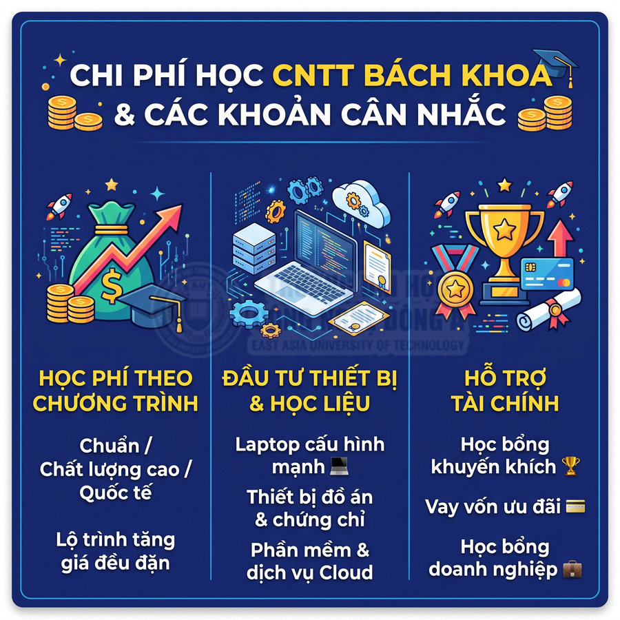 Infographic chi phí học CNTT Bách Khoa gồm học phí, đầu tư laptop thiết bị học liệu và các hỗ trợ tài chính
