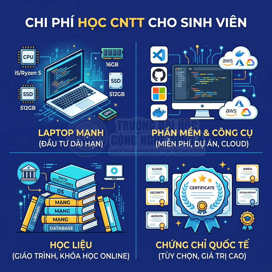 Chi phí học CNTT cho sinh viên với laptop mạnh, phần mềm, học liệu và chứng chỉ quốc tế